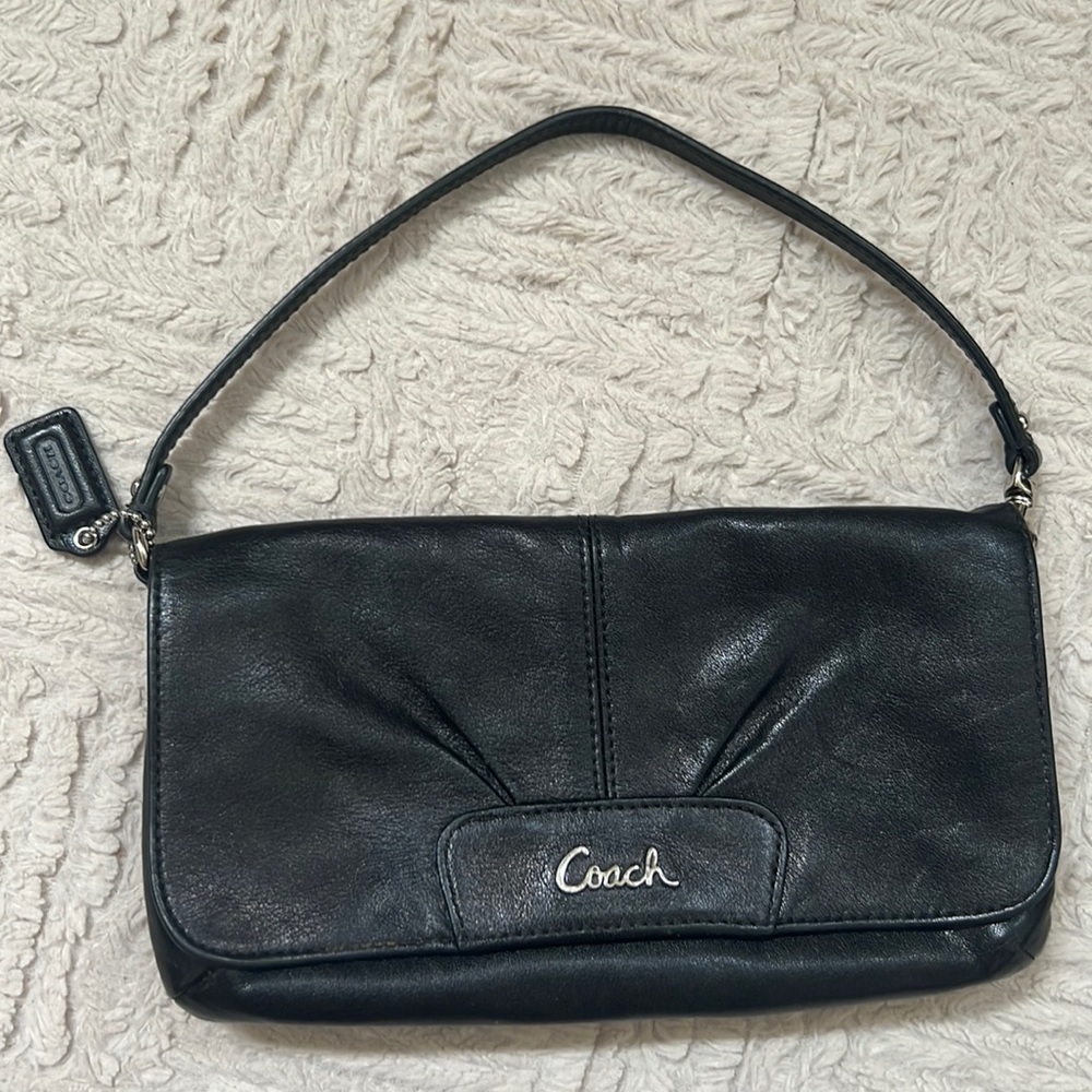 Coach leather wristlet clutch, solid black leather with silver hardware